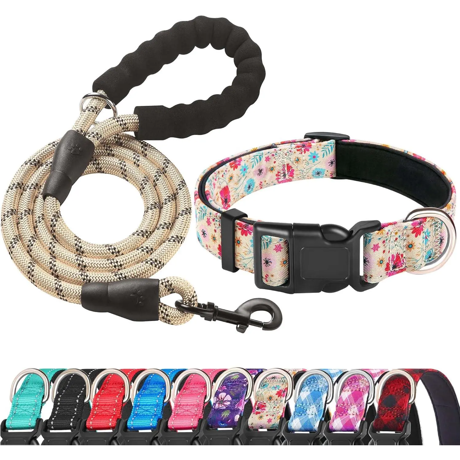 Vanila/pink Floral Collar+Leash