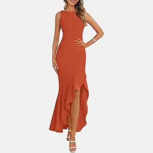 PrettyGarden Women's Summer Bodycon Maxi Dress 2025 Sleeveless Ruffle Mermaid Cocktail Wedding Guest Formal Long Dresses in Orange - Womenswear