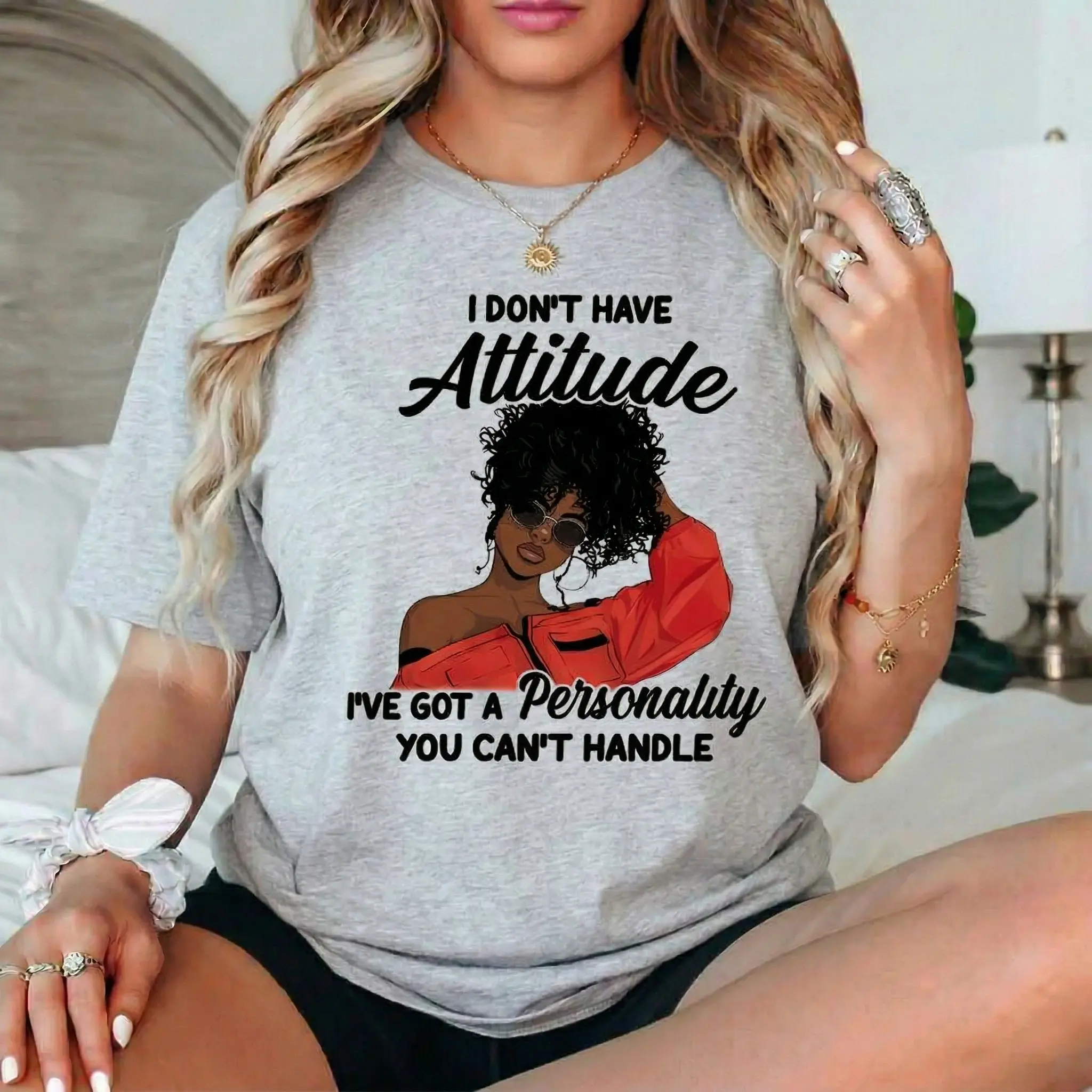Women's Cotton Oversized Short-Sleeve Print T-Shirt - "I Don't Have Attitude I've Got A Personality" Sassy Quote, Black Girl Magic Melanin Afro Graphic, Confident Women Empowerment Gift Apparel, Casual Fit