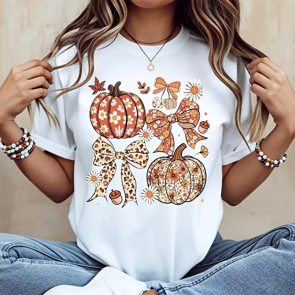 Floral Pumpkin And Bow Print, T-Shirt, Autumn Fall Harvest Festival Theme, Casual Daily Wear