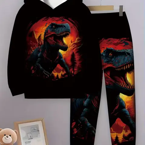 Boys' Glow-In-The-Dark Dinosaur Hoodie Set with 3D Volcano Print, Soft Long Sleeve Hooded Top and Pants, Perfect Gift for Dinosaur Lovers