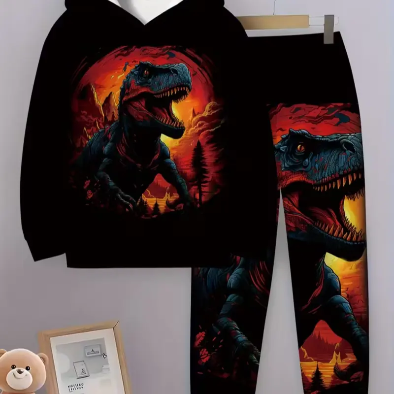 Boys' Glow-In-The-Dark Dinosaur Hoodie Set with 3D Volcano Print, Soft Long Sleeve Hooded Top and Pants, Perfect Gift for Dinosaur Lovers