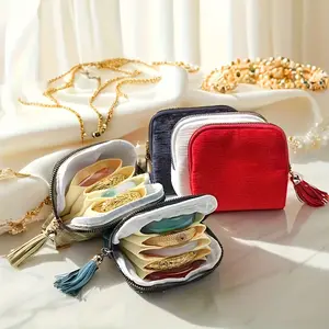 Tangle Free Travel Jewelry Organizer Pouch, Small Velvet Jewelry Case with Tassel Zipper, 5 Soft Pockets for Necklaces Earrings Bracelets Rings, Cute Mini Coin Purse Small Wallet for Purse Essentials, Vacation and Business Trips
