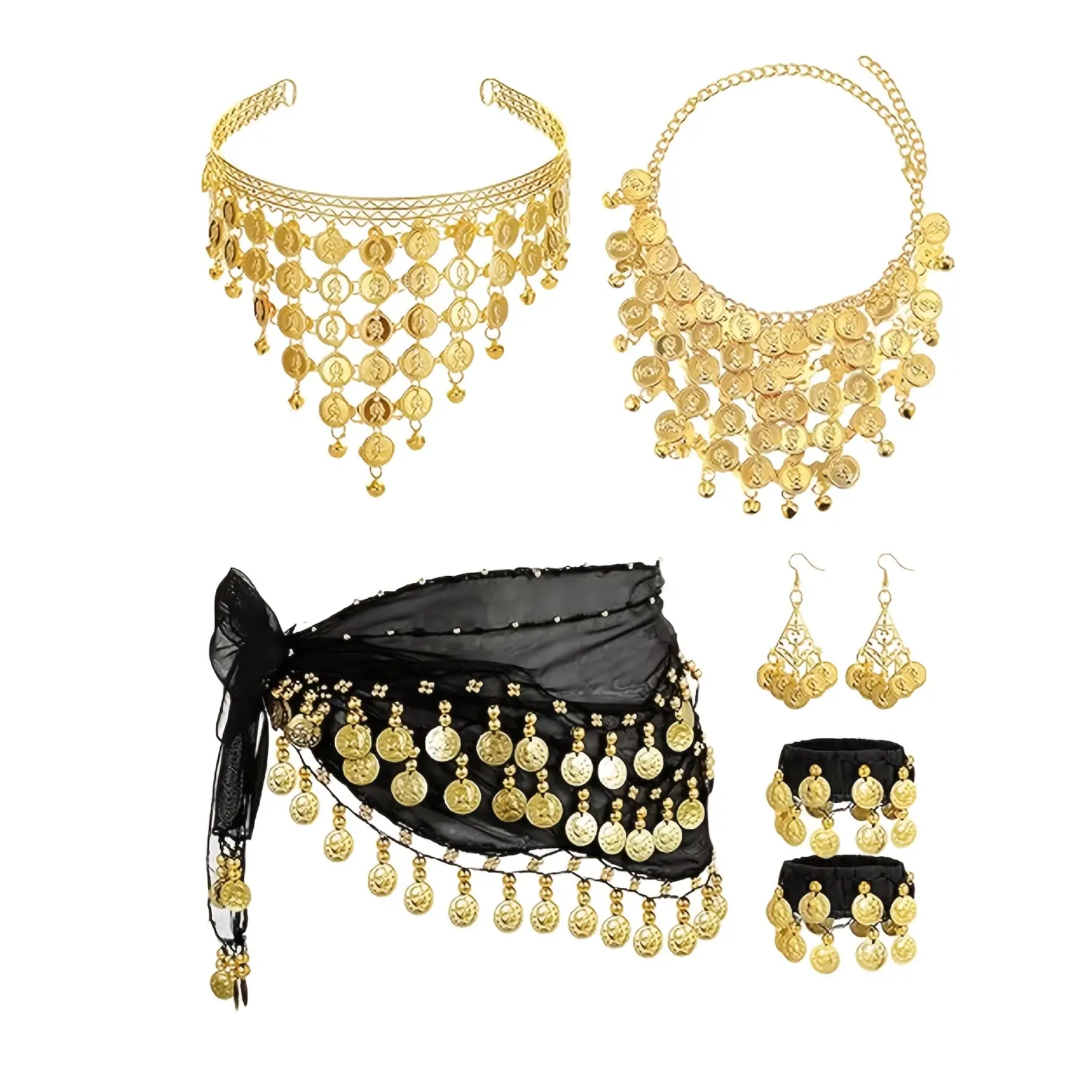 3-Piece Gold-Tone Tribal Coin Jewelry Set for Women, Belly Dance Costume Accessories with Headdress, Body Chain, and Earrings, Female