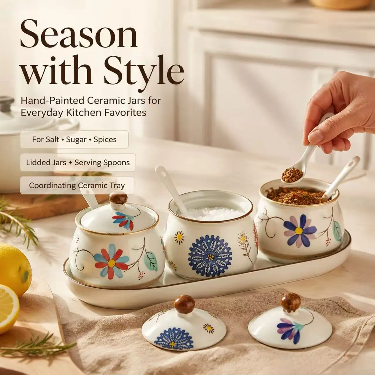 Ceramic Seasoning Jar Set for Home Kitchen – Includes Chili Oil Jar and Salt Jar; Heat-Resistant, Dishwasher-Safe, and Comes with Lids and Spoons.