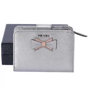 Pre-owned PRADA Rayon small leather goods Card Wallet Silver Solid 1ML018 Pink Bow Saffiano Leather