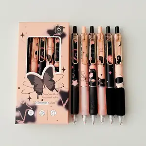 Butterfly Design Gel Pen, 6 Counts/set Black Ink Retractable Gel Pen, Writing Pen for Office School Student