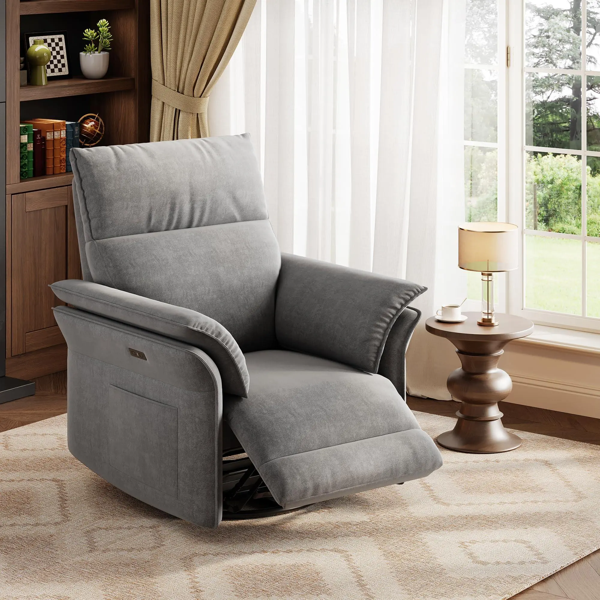 GAOMON Adjustable Ergonomic Power Recliner Chair - 270° Swivel Rocking Glider, Chenille Upholstery, Double-Layer Armrests, Built-In USB Power Port, Contour Ergonomic Support, for Living Room Nursery (Silver), Adjustable Recliner, Ergonomic Recliner