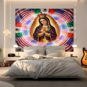 Our Lady of Guadalupe Wall Tapestry,Mexican US Flag Sacred Print Tapestry,Artistic Sacred Wall Hanging,Easy to Hang Decorative Tapestry for Bedroom Dorm Living Room,Meaningful Gift for Latino Heritage Enthusiasts