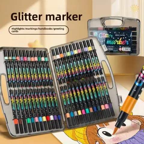 48 Color Glitter Markers Art Marker Pens Neon Night Glow Fluorescent Powder Pen Set, Water-Based Ink, Medium Tip, Safe Non-Toxic, Art Doodle Coloring Book Drawing, Art Craft Supplies, Crafts Art Supplies, Art Materials