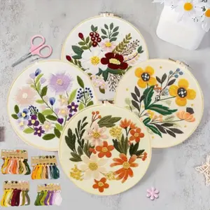 4Sets Floral Embroidery Kit with Hoops, Floss, Threads, Needles Instructions Cross Stitch Kits Hand Embroidery Starter Kit for Beginners
