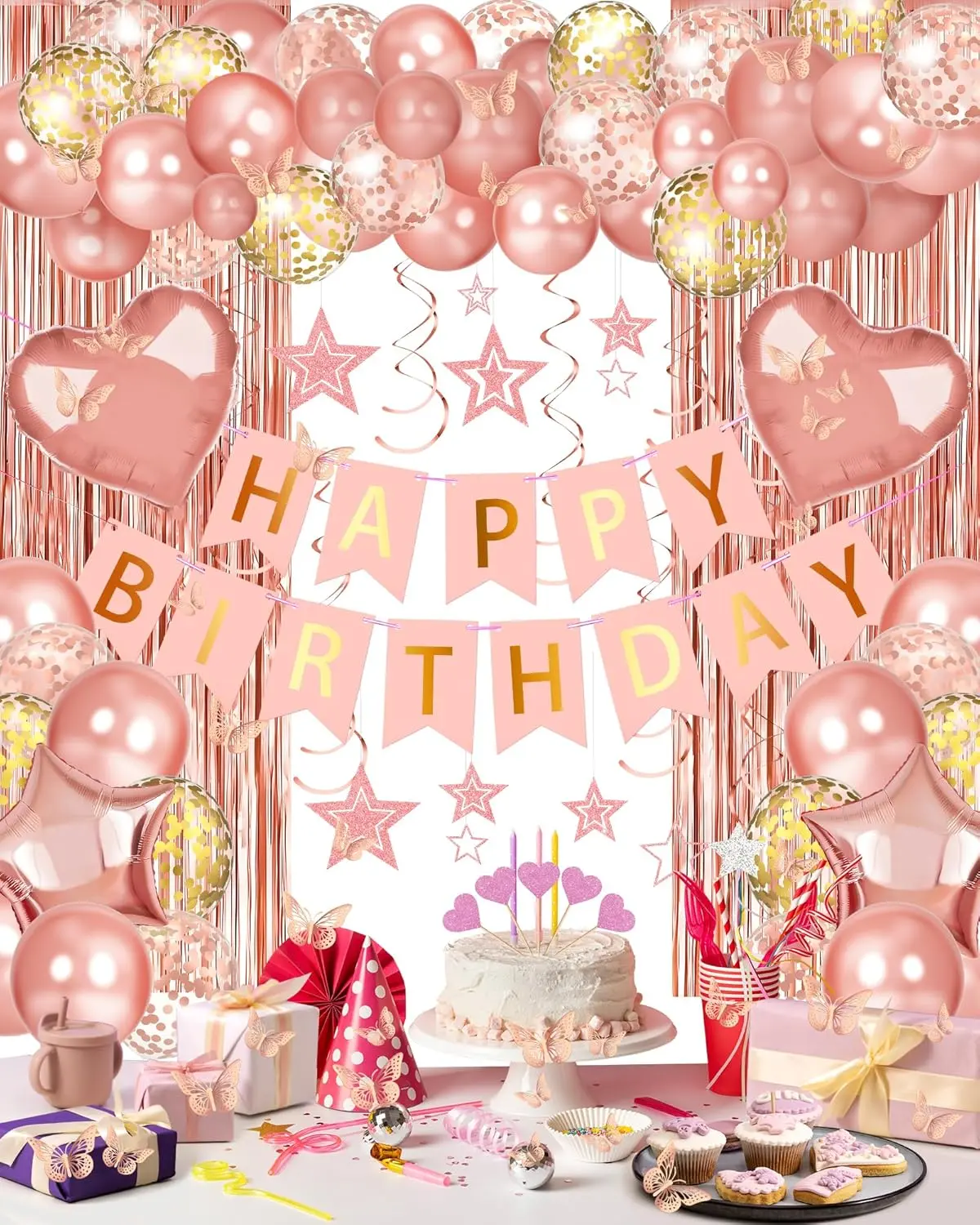 Lutoys Rose Gold Happy Birthday Party Decorations, Happy Birthday Banner, Rose Gold Foil Heart Star Confetti Balloons Curtain Backdrop Hanging Swirls Party Decor for Girls Women Princess