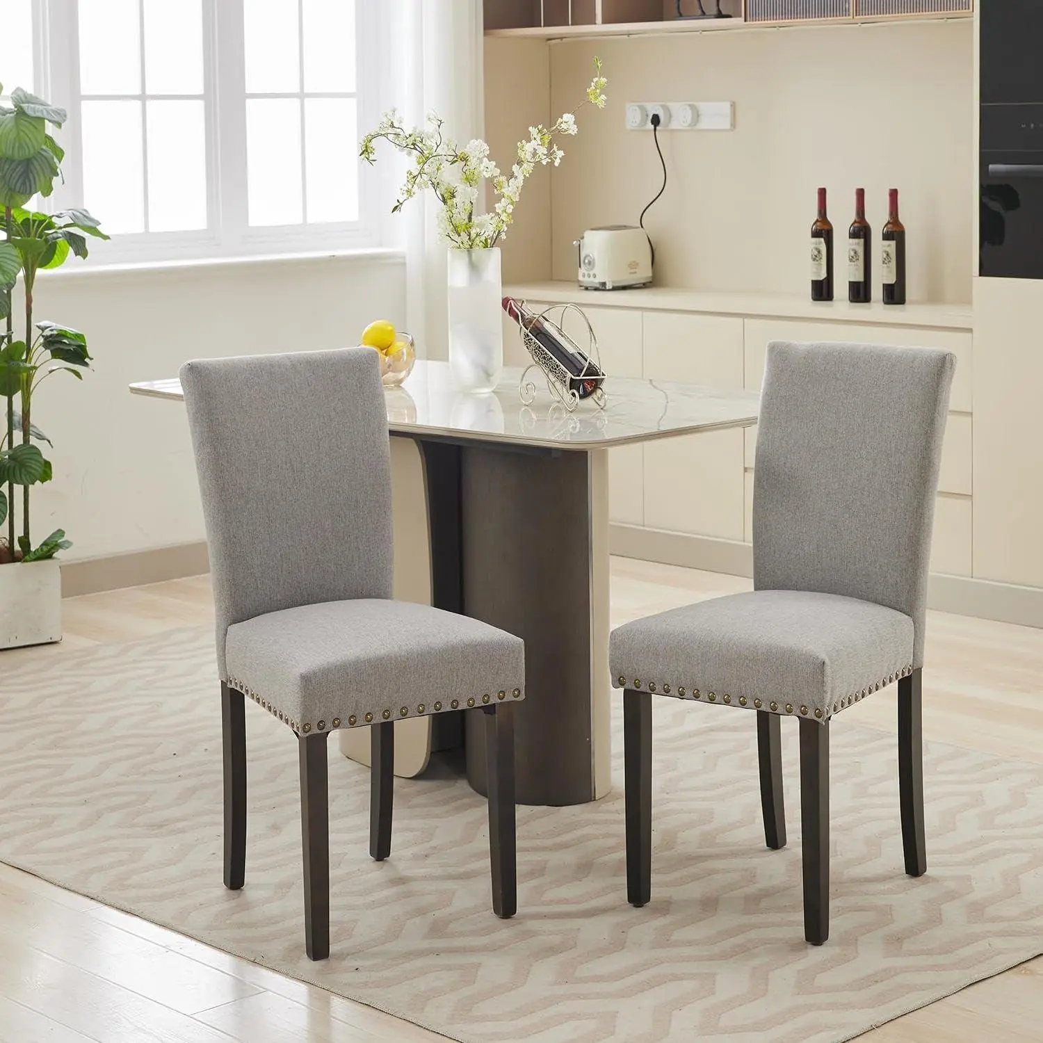 GARVEE Upholstered Dining Chairs, Modern Soft Linen Chairs with Wood Legs, Set of 2 Fabric Chair for Living Room/Dining Room/Kitchen, Light Grey