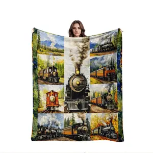 American retro steam train oil painting–style flannel blanket with an oil painting texture and warm natural landscape tones, creating a nostalgic, soothing atmosphere. Suitable for American retro decor, kids’ rooms, motorcycle-themed homes; can be used as