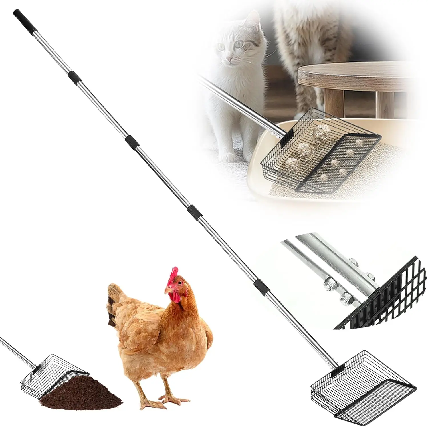 Chicken Poop Scooper with Adjustable Long Handle, 10” Metal Litter Scoop, Heavy Duty Chicken Coop Cleaning Tool, Long Handle Shovel for Chicken Coop, Cat Litter, Yard & Farm Use Litterbox, Litter Box