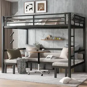 Queen over Queen Metal Bunk Bed with Pull-Out Lower Bed, 3-Section Trundle, Safety Rails, Black Finish, Heavy-Duty Steel Frame, Space-Saving for Kids Teens Guest Room, No Box Spring Needed, Bedroom Furniture for Bedroom, Guest Room, Kids Room