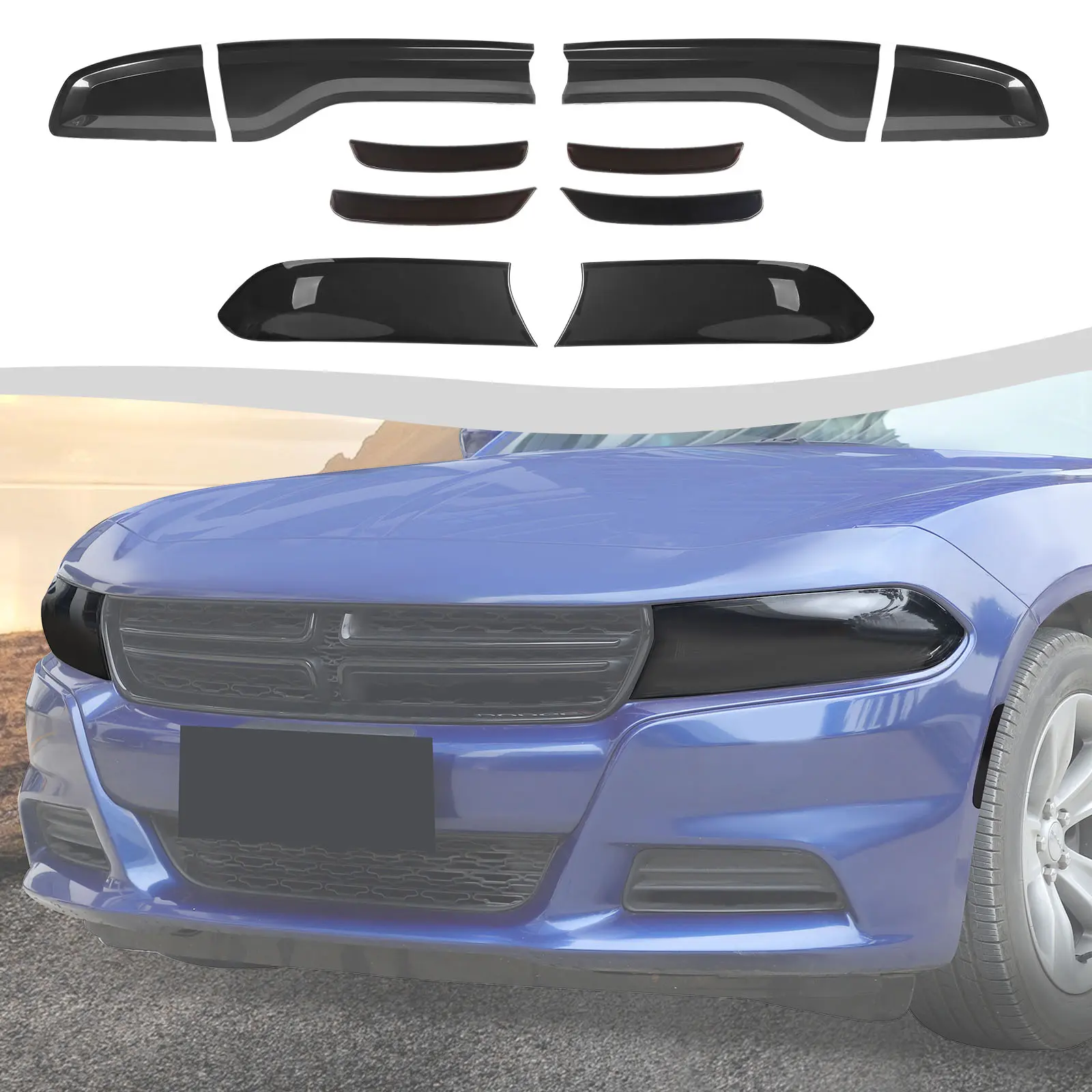 100% Brand New Smoked Look 4-Item Car Exterior Trim Set - ABS-Polyurethane Headlight, Taillight, Wheel Eyebrow Covers, UV Resistant, Self-Adhesive, DIY Installation for 2015+ Dodge Charger, 60*19*10 cm Replacement Accessories, 1 Year Warranty