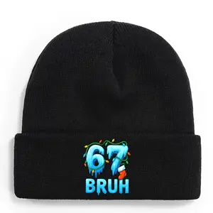 Retro Meme Knit Beanie, Unisex Funny Bruh 67 6&7 Acrylic Hat, Warm & Soft for Autumn Winter Daily Wear