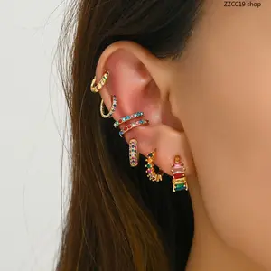 7 Pack Colorful Zirconia Stackable Earrings Set, Gold Hoop Earrings & Ear Cuffs, Rainbow Crystal Huggie Earrings for Women Non Piercing