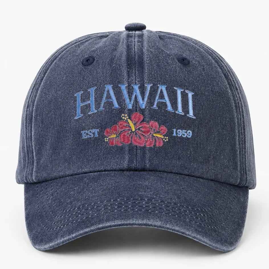 Washed Cotton Baseball Cap for Women - Vintage Hawaii Est 1959 Hibiscus Embroidery, Soft Adjustable Hat for Casual, Beach Wear, Hats For Women, Camping, Vintage Surfwear, Breathable Light, Embroidered, Soft Cotton, Cloth Hats