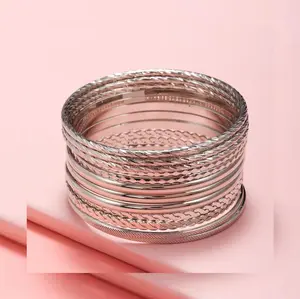 12pcs Patterned Geometric Metal Bangle Bracelet Set, Silver Color