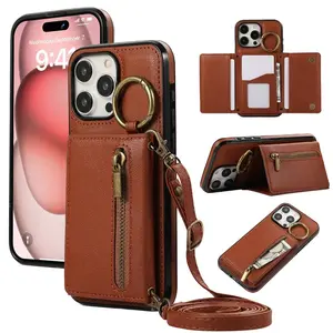 Crossbody Ring Card Holder Zipper Wallet Phone Case For iPhone 16 15 Pro Max 14 Plus 13 12 11 XS XR 7 8 SE 2022 Leather Cover