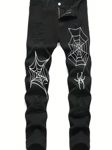 Men's spider web printed ripped jeans,national day clothing