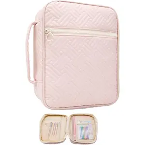 Bible Cover Case For Women,Large Bible Bag with Study Supplies,Pink Quilted Bible Carrying Case for Girls,Portable Bible Case with Highlighter, Pens,Tabs,Bible Study Gifts for Women