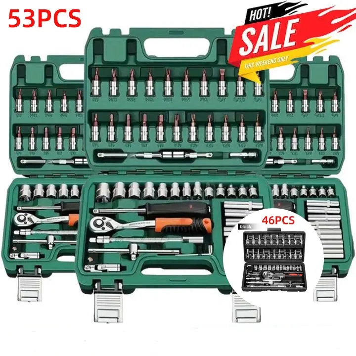 53/46pcs 1/4 Inch Drive Socket Ratchet Wrench Set, With Bit Socket Set Metric And Extension Bar For Auto Repairing And Household, With Storage Case,Gi