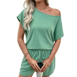 Shewin 2026 Spring/Summer Women's Casual Two-Piece Set - Solid Light Blue Off-Shoulder Short Sleeve Top & Natural Waist Shorts with Insert Pockets, Breathable Brushed Stretch Viscose Blend for Daily Wear