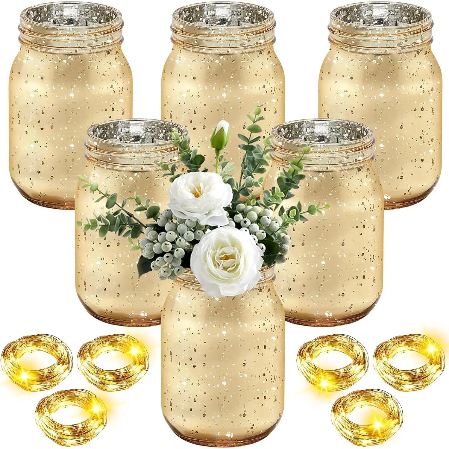 Colored Painted Glass Mason Jar Vases (6-Pack, 5.08x3.23 Inches) - Home & Festive Decor, Customizable DIY Gift Storage, Modern Table Centerpieces with 6 Sets of 9.84ft 30-LED Battery-Operated Fairy Lights for Weddings
