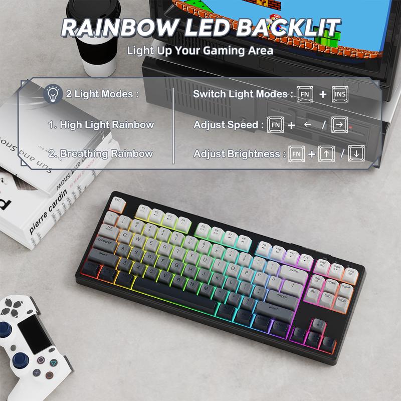 FREEWOLF M87 Wireless/BT Dual Modes Manbrane Gaming Keyboard 87 Keys Layout Type-C Rechargeable PBT Keycaps with Cool Rainbow Backlit  for PC Mac Linux