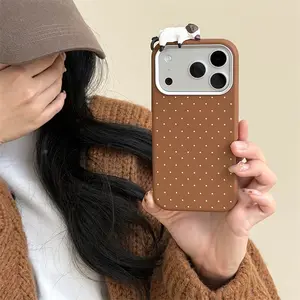 Plain leather painting | Simple full screen polka dots | Cat doll | Best friend gift | Suitable for iPhone 11 12 13 14 15 16 17 Pro Max | Cover