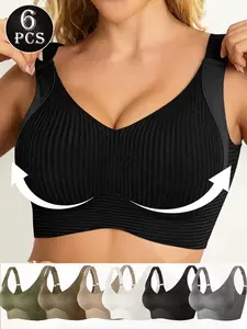 6pcs Women's Seamless Wireless Bras V-Neck Full Coverage Back Smoothing High Stretch Breathable Adjustable Straps Removable Pads Light Support Comfortable Everyday Bras for Yoga Daily Wear