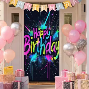 2D Flat Door Banner 1pc, Birthday Happy Door Frame, Colorful Ink Splatter Art, Drip Effect Background, Indoor Wall Decor, No Power Needed