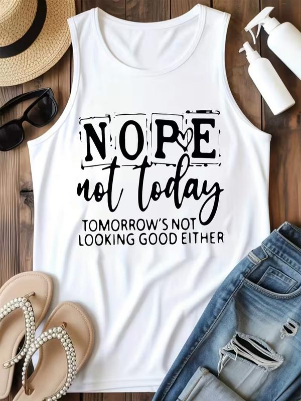 Women's Breathable 3-Layer Font Lighthearted Quote Cotton Blend Tank Top, Round Neck Sleeveless Apparel for Street Casual Ripped Denim Jeans Pairing