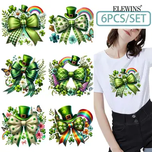St. Patrick's Day 6Pcs Bowknot Gold Foil DTF Transfer for Tshirt Hoodie Jeans Backpack Pillow Machine Washable Plastic Transfer for Men Women