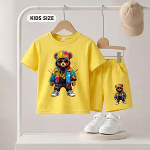 Children's Street Style Teddy Bear Print Short-Sleeve T-Shirt And Shorts Set, Casual Summer Two-Piece Outfit With Crew Neck Top And Elastic Waist Shorts For Daily Wear And Outdoor Play