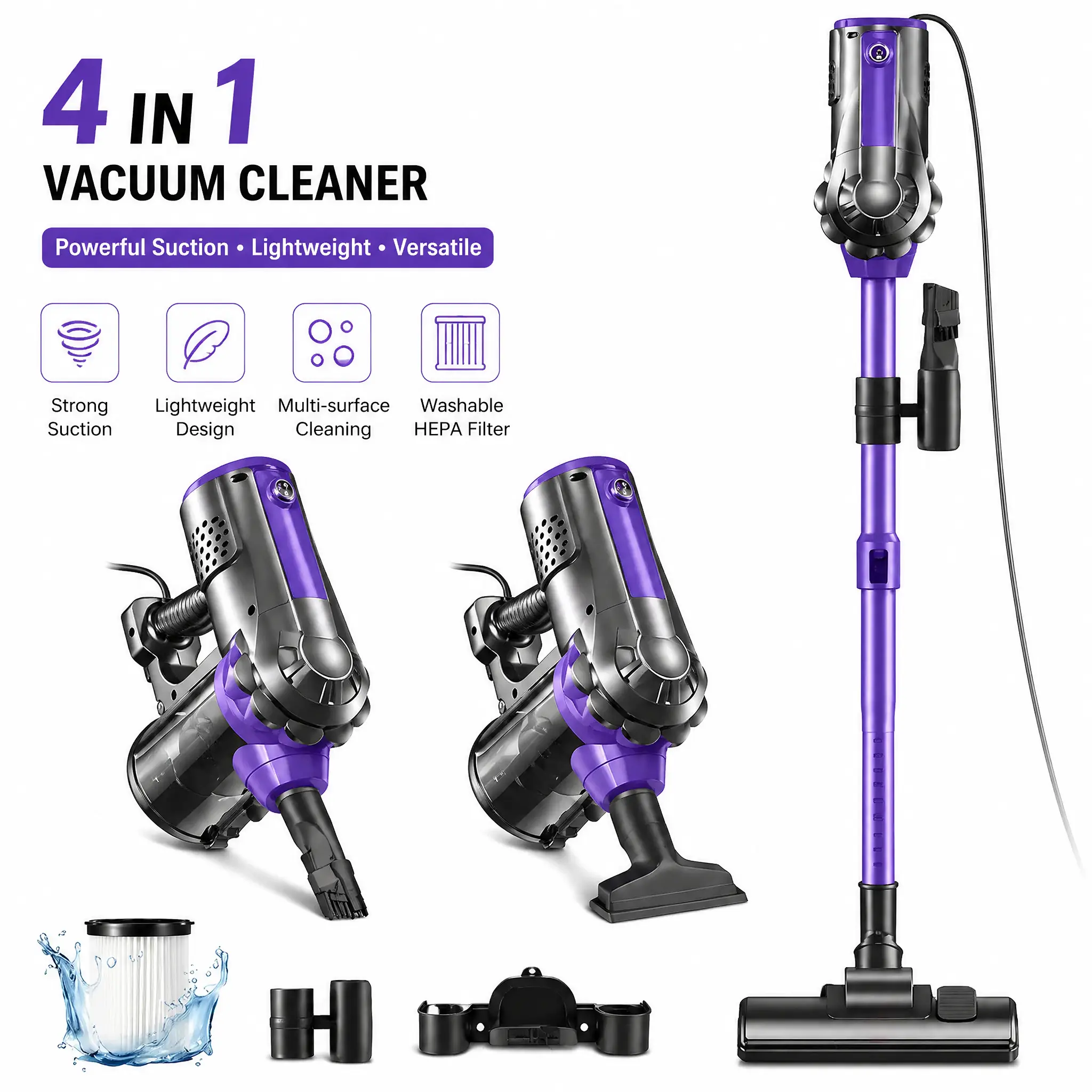Pure Nova Corded Stick Handheld Vacuum Cleaner - 600W Powerful Motor, 18000Pa Suction, 110V Voltage, Multimode Design for Deep Crevice Dust & Pet Hair Removal, Portable Upright Vacuums, Handheld Vacuums