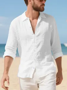Men's solid-color casual linen long-sleeved shirt, with front buttoned collar. Suitable for wearing in spring, summer and autumn. Fashionable, lightweight, comfortable and close-fitting. Ideal for outdoor vacations and travel. Casual Comfy Shirt