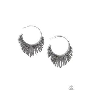 Tailored Tassel - Silver Seed Bead Fringe Hoop Earrings - Paparazzi