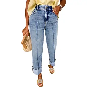 Women's Light Blue Straight High-Waist Jeans with Center Seam and Cuffed Hem