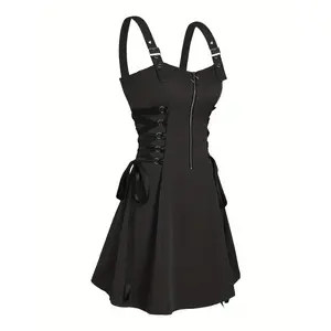2026Women's Solid Color Zipper Strap Dress, Suitable for Daily Wear Casual Clothes