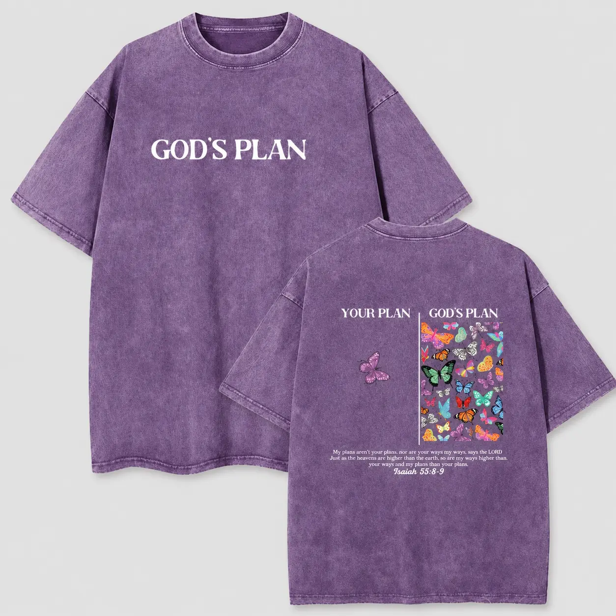Unisex Vintage Washed Cotton Graphic T-Shirt, Oversized Crew Neck Tee with God’s Plan Butterfly Front & Back Print, Casual Streetwear Top