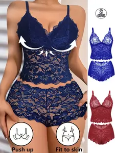 2 Pack Sexy Aesthetic Lace Lingerie Set, Push Up Slimming Comfortable Skin-Friendly Sleepwear, Floral Pattern, Wireless Bra, All Seasons