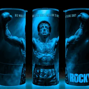 Glow in the Dark Rocky Balboa - Sylvester Stallone Boxing Movie Cup Mug Tumbler 20oz Stainless Steel with Slide Closure Lid, Reusable Plastic Straw, Handmade Design - Drinkware Classic Flasks