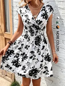 Summer V Neck Short Sleeve Floral Dress, Boho Style Fitted Holiday Resort Dress, Slimming Travel Print Dress, Women's Fashion