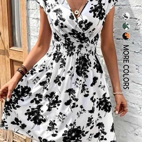 Summer V Neck Short Sleeve Floral Dress, Boho Style Fitted Holiday Resort Dress, Slimming Travel Print Dress, Women's Fashion, Floral Bohemian Dress