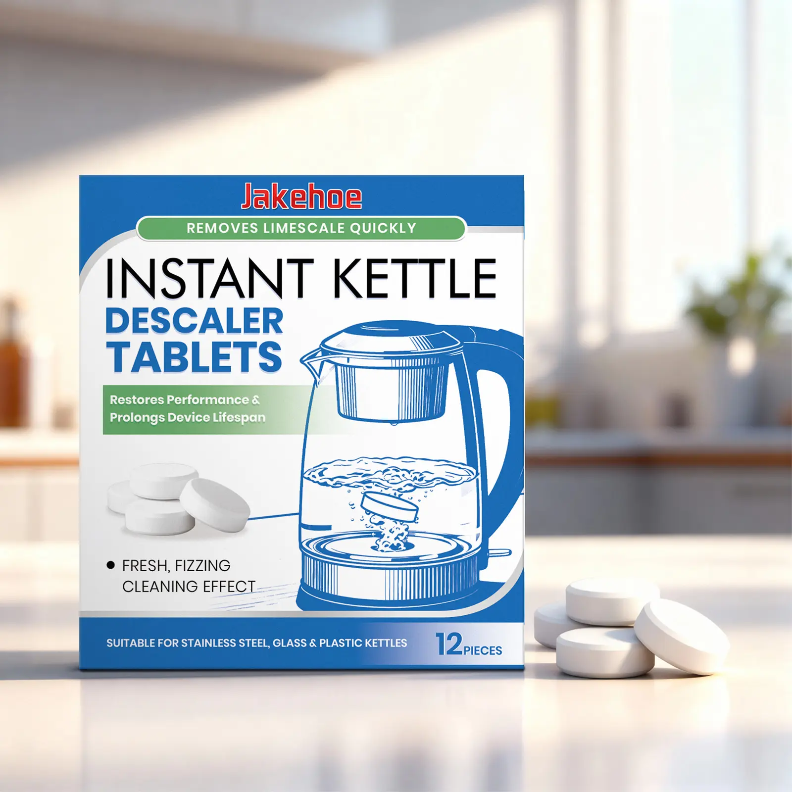 Fast-Acting Kettle Descaler Tablets, 12-Count, Effective Cleaning Removes Limescale in 30 Mins, No Scrubbing Needed, Natural Citric Acid Formula, Safe and Non-Toxic