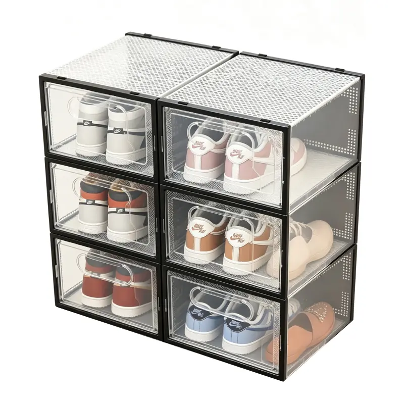 6-Pack Lightweight Plastic Shoeboxes, Ventilated Compartmentalized Shoe Storage with Front Door, Stackable Footwear Storage Bins for Closet Sneaker Racks & Sandals, Household Organizer
